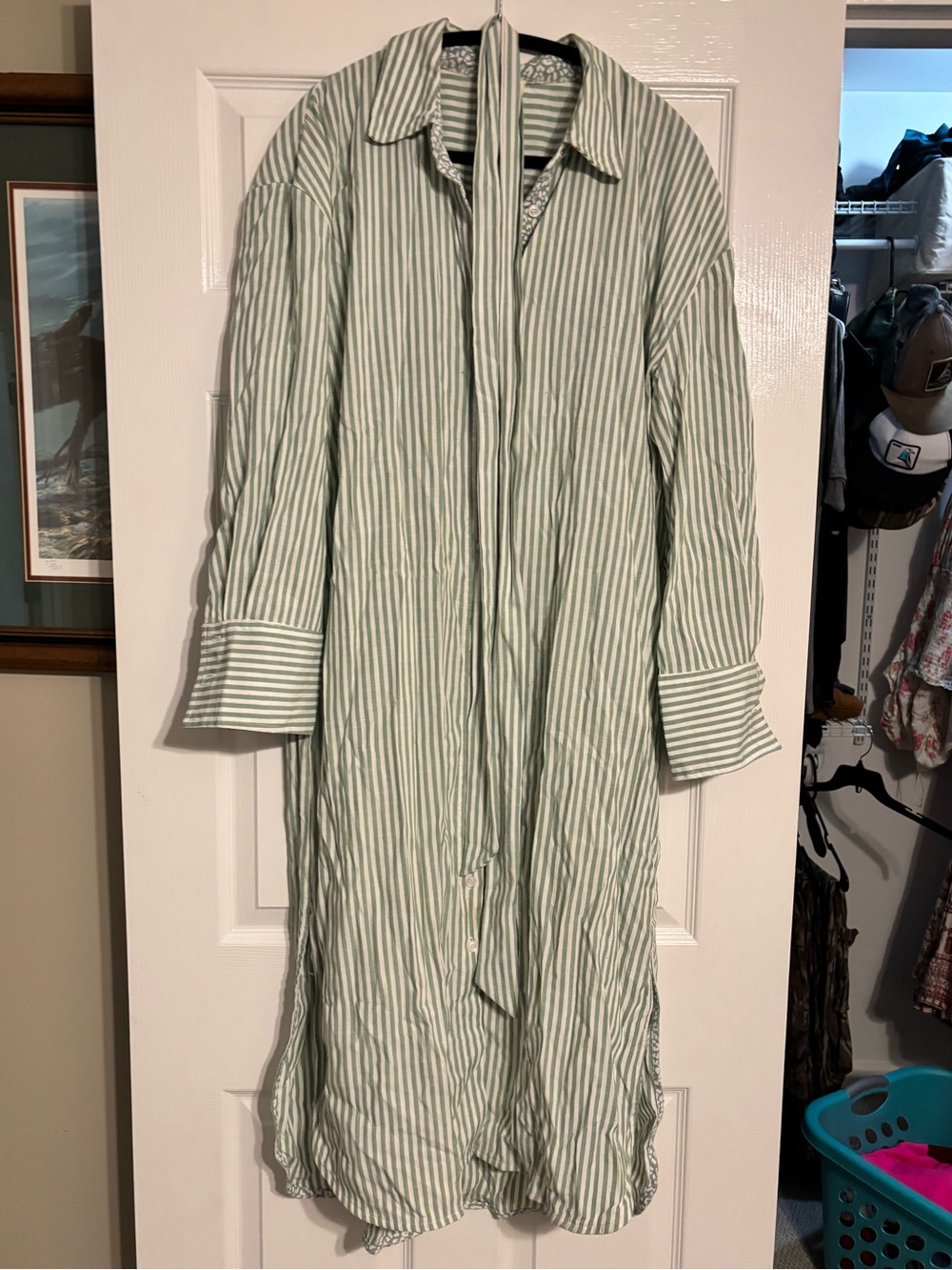 Umgee Light Green & White Striped Long Sleeve Shirt Dress with Neck Tie
